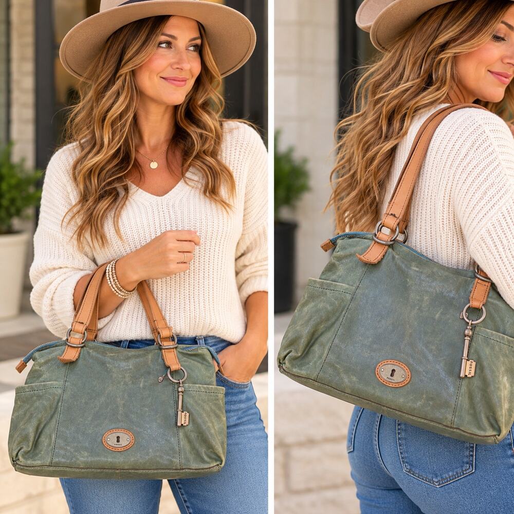 Fossil Green Leather Satchel Handbag Purse Tan Handles Key Charm Vintage Boho